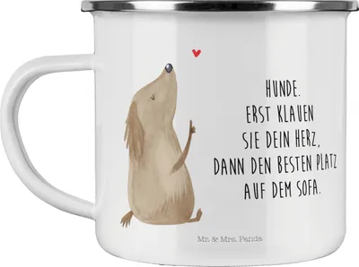 Produktbild von Mr. & Mrs. Panda Teetasse Hund Liebe - Weiß - Geschenk, Sprüche, Pott, metallbecher, Kaffeepott, Emaille Tasse, Hunde, Teebecher, Herz
