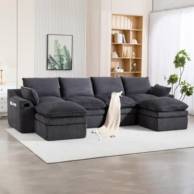 Produktbild von MODFU 4-Sitzer Sofa,Modulares Sofa mit 2 Hockern,Big Sofa mit Kissen & 2 Seitentaschen,Cord,Dunkelgrau