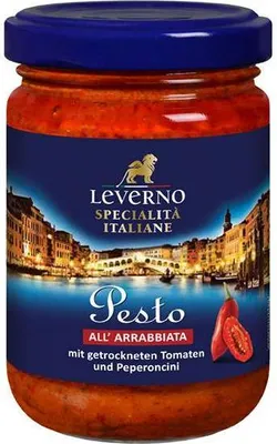 Produktbild von Leverno Pesto all` Arrabbiata 125 G Glas Vegan Glutenfrei Fruchtig scharfes Pesto auf Tomatenbasis