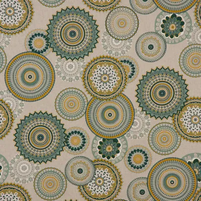 Produktbild von Dekostoff Meterware Halbpanama Leinenlook Mandalas natur grün 1,40m