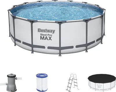 A collage of an above-ground swimming pool and its accessories.