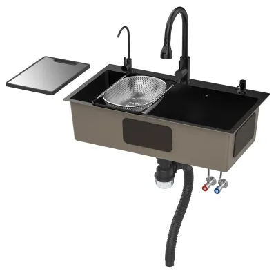 Produktbild von Schwarze Küchenspüle, Einbau-/Aufbauspüle aus Edelstahl für Arbeitsflächen mit Schneidebrett und Abtropfkorb, Einzelbeckenspüle mit Zubehör (31,5 x 17,7 Zoll)