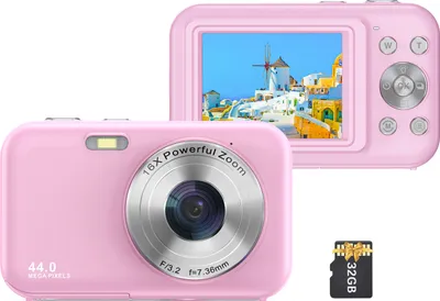 Obrázek produktu pro Přenosný digitální fotoaparát, 1080P videokamera, 44 MP, 16x digitální zoom, automatické ostření, samospoušť, ochrana proti otřesům, integrovaná dobíjecí baterie s paměťovou kartou 32 GB, dárek pro děti, chlapce, dívky, teenagery, studenty
