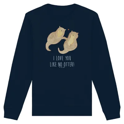 Produktbild von Mr. & Mrs. Panda Baumwoll Pullover Otter Hände halten Größe M - French Navy - Geschenk, Seeotter, Sweater, Verliebt, Liebe, Sweatshirt, Bio, Paar, Romantisch, Pulli