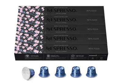 A box of Nespresso coffee capsules with individual capsules shown below.