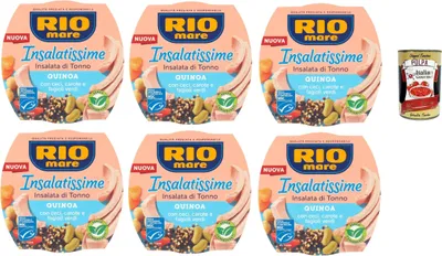 Produktbild von Rio Mare Insalatissime di tonno Gusto Quinoa, Tuna Salad, Thunfischsalat mit Quinoa, Kichererbsen, Karotten und grünen Bohnen 6x 220 g + Italian Gourmet polpa 400g