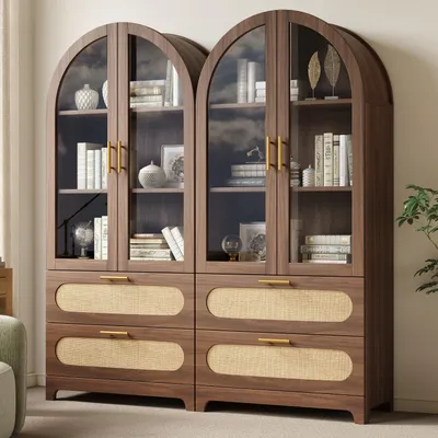 Produktbild von Vitrine mit 2 Montmartre-Bögen 175x80x40cm – Bücherregal mit 2 Schubladen & verstellbaren Böden, Retro-Schrank im Vintage-Design, Nussbaum