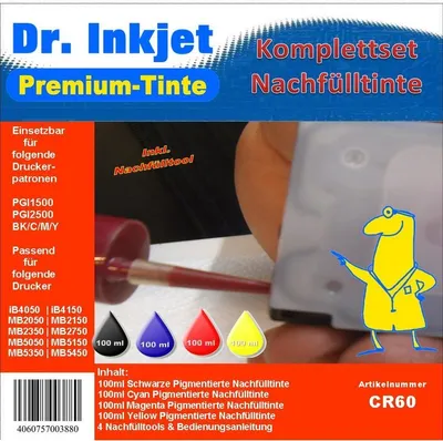 Produktbild von CR60 - 400ml Dr.Inkjet Starterpackung mit je 100ml Pigmentierte BCMY Nachfülltinte für PGI1500 + PGI2500 Druckerpatronen inkl.4 Dr.Inkjet Nachfülltools