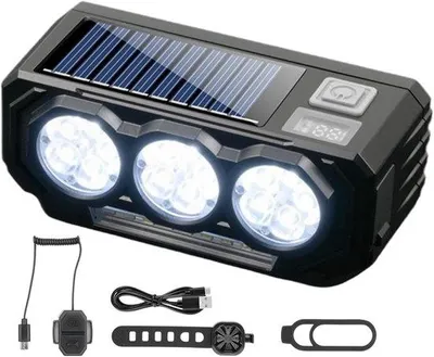 Immagine prodotto di VHV - Lampada per bicicletta con clacson, ricaricabile tramite USB - Faro LED solare per bicicletta, ideale per la guida notturna - 5 modalità di illuminazione - adatta per biciclette da città, biciclette da scuola, mountain bike e per la guida notturna