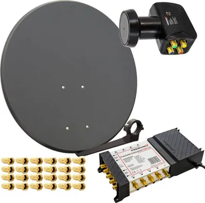 A satellite dish system with accessories, laid out on a white background.