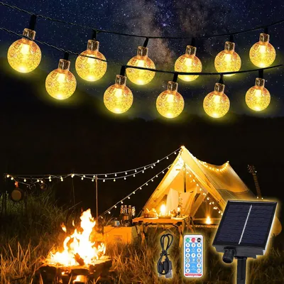 Image de Guirlande solaire SALCAR avec télécommande, 15 mètres, 60 LED, boules de cristal. Guirlande lumineuse d'extérieur avec 8 modes, étanche IP44. Idéale pour la décoration de balcon, de camping, d'auvent, de jardin. Lumière blanc chaud