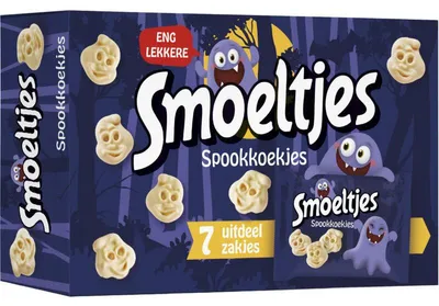 Zdjęcie produktu dla Smoeltjes Spookkoekjes 175g – Ciasteczka Halloween z strasznymi motywami, słodkie i chrupiące