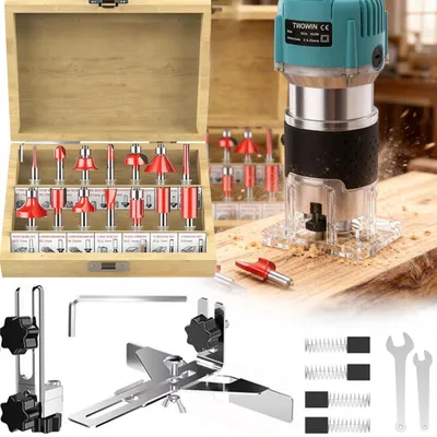 Image de Défonceuse à bois 800 W - Défonceuse/défonceuse de chants - 30 000 tr/min - Pince de serrage 6 mm - Jeu de 15 fraises en carbure - Butées parallèles et de chant