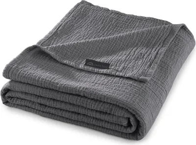 A folded grey blanket is shown on a white background.