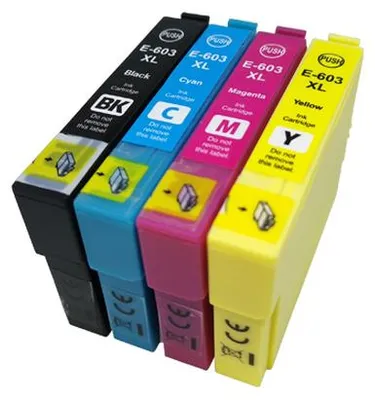 Four ink cartridges are arranged diagonally against a white background.