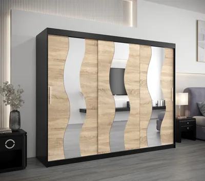 Produktbild von Schwebetürenschrank HEDVIKA – Breite 250 cm, Schwarz / Eiche Sonoma