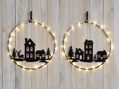 Produktbild von 2er Set LED Metall Ring 30cm schwarz mit Haus Landschaft Batterie Timer