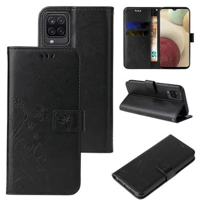 A collage of images showing a black flip phone case with floral and butterfly embossing, including views of the case open, closed, and from different angles.
