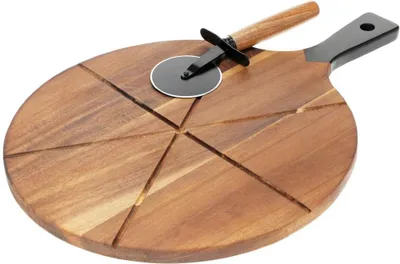 Obrázek produktu pro Dřevěné prkénko na pizzu s ocelovým nožem a řezací drážkou