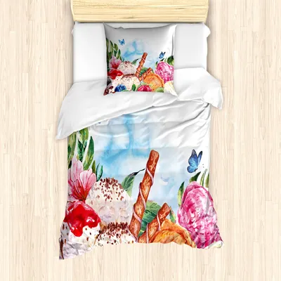 Produktbild von ABAKUHAUS Tropisch Mantele, Dessert und Blumen-Kunst, Milbensicher Allergiker geeignet mit Kissenbezügen, 135 cm x 200 cm - 80 x 80 cm, Mehrfarbig