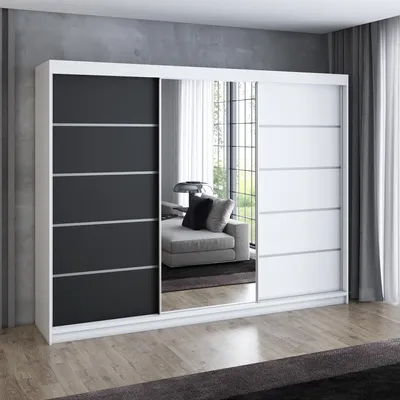 Produktbild von Schwebetürenschrank 200 cm, 3-türig, mit Spiegel & 4 Schubladen, Retro-Stil, Kleiderschrank VILUNO 1 in Weiß / Schwarz / Weiß