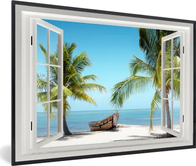 Produktbild von MuchoWow® MuchoWow® Gerahmtes Poster Aussicht - Strand - Palme - Boot - Tropisch - Meer - Blau 60x40 cm - Poster mit zchwarzem Bilderrahmen - Printing - Wanddeko Schlafzimmer