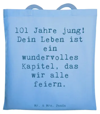 Produktbild von Mr. & Mrs. Panda Tote Bag Spruch 101. Geburtstag Feier - Sky Blue - Geschenk, Alter, Happy Birthday, Shopping Tasche, handgefertigt, Alltagstasche, Jutebeutel, Karten