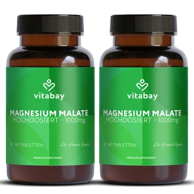 Produktbild von Vitabay Magnesium Malat 1000 mg – 360 (2er Bundle) vegane Tabletten – hochdosiert – für Energiestoffwechsel und Muskelfunktion - Vorrat für 12 Monate