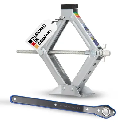 Obrázok produktu pre Zdvihák alca® s račňou – nosnosť 1,5 t, otočný sedlo o 360°, 100–350 mm, vrátane 17 mm nástrčnej hlavice, certifikáty a GS, ideálny pre SUV a dodávky