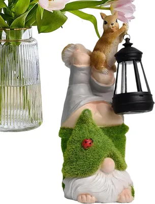 Image de Nain de jardin avec lanterne - Figurine en résine, énergie solaire - Décoration d'extérieur - Éclairage solaire en forme d'écureuil - Hauteur : 32,5 cm - Multicolore