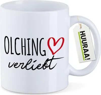 Produktbild von Huuraa Kaffeetasse Olching verliebt 330ml Weiß Keramik Kaffeebecher Geschenkidee