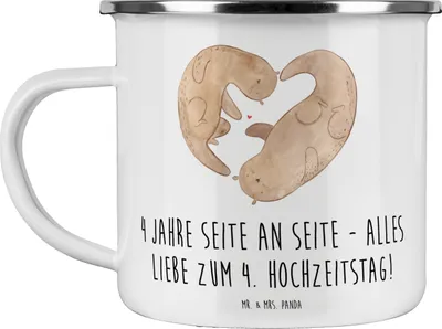 Produktbild von Mr. & Mrs. Panda Kaffeepott 4. Hochzeitstag Seidenhochzeit - Weiß - Geschenk, Geschenke, Heirat, Blechtasse, Beziehung, Pott, Heiraten, Emaille Tasse, Erinnerungen, Feier