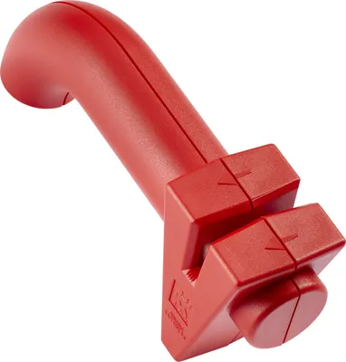 A red knife sharpener on a white background.