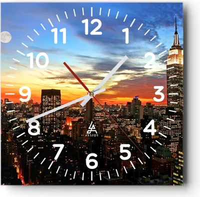 Produktbild von Wanduhr - Quadrat - Glasuhr - Amerika gebäude sonnenuntergang wolkenkratzer - 30x30cm - Schleichendes Uhrwerk - Lautlos - zum Aufhängen bereit - Wanddekoration aus Glas - C4AC30x30-2125