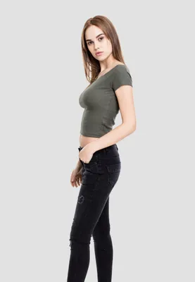 Zdjęcie produktu dla Damska koszulka Urban Classics Ladies Off Shoulder Rib Tee w kolorze oliwkowym – rozmiar XL
