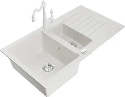 Produktbild von Mexen Matias 1,5-Becken-Granitspüle mit Abtropffläche und Mischbatterie Carla, Weiß - 6502-20-670700-20