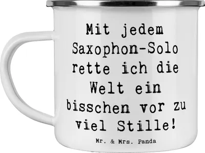 Produktbild von Mr. & Mrs. Panda Teetasse Spruch Saxophon Magie - Weiß - Geschenk, wandertasse, Saxophonist, Teebecher, Pott, Spieler, Musiker, Solo, Emaille Tasse, Instrument lernen