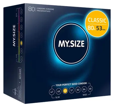 Immagine prodotto di MY.SIZE Preservativi classici misura 3 | 53 mm di larghezza | 80 pezzi confezione mega | preservativi premium extra sottili | preservativi fedeli al tatto | 0,07 mm di spessore delle pareti
