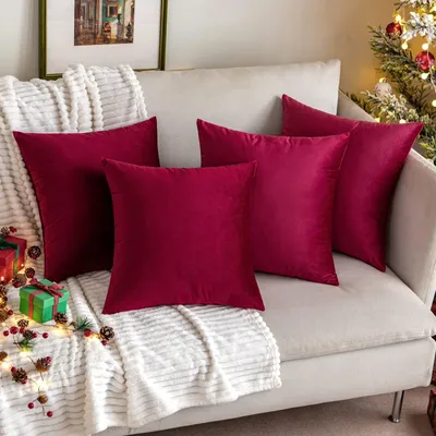 Produktbild von Set mit 4 Samtkissenbezügen, 50 x 50 cm, bordeauxrot, Dekokissen, Sofakissen, dekorative Kissenbezüge für Wohnzimmer, Schlafzimmer, Büro