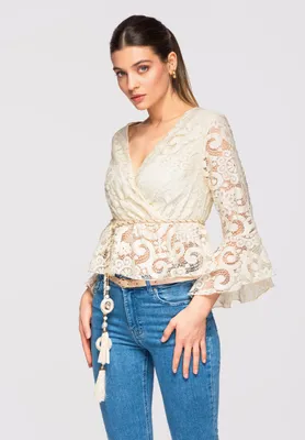 Produktbild von Ombre Wickelbluse Kurze Damenbluse mit Wickel-Design und Peplum-Saum beige M/L