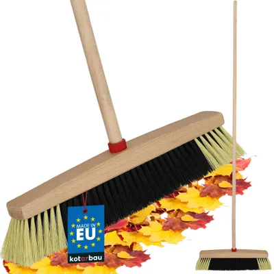 Produktbild von KOTARBAU® Besen mit Holzstiel 40 cm Straßenbesen mit PET Borsten Gartenbesen Kehrbesen aus Holz für Draußen und Drinnen Zimmerbesen Schwarz + Beige