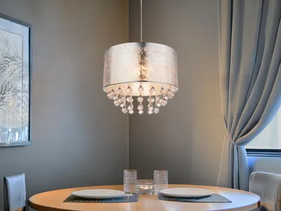 Produktbild von Design LED Kristall Pendelleuchte Lampenschirm Stoff Silber Esszimmer, Ø 40cm