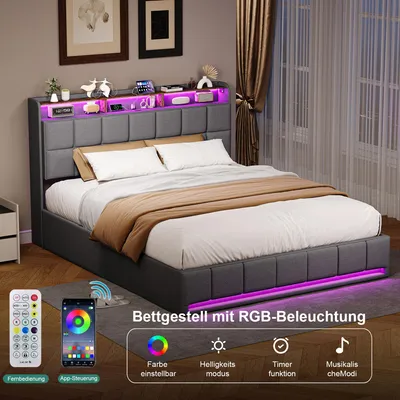 Produktbild von Polsterbett 140x200cm mit Hydraulik-Stauraum, LED-Beleuchtung und USB/Type-C Ladung, Grau Leinen