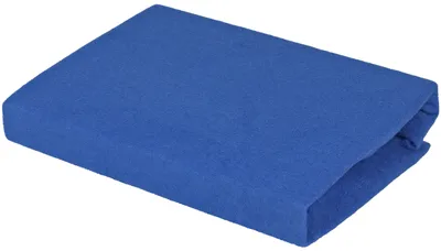 A folded blue fitted sheet.