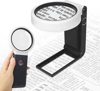 Image de Loupe de poche avec éclairage et socle, grossissement 6x à 25x, loupe de lecture pliable équipée de 6 lampes LED