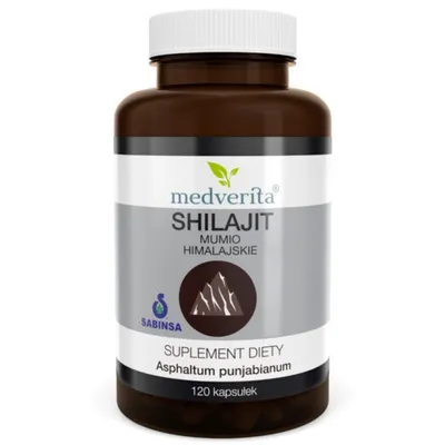 A product shot of a bottle of Medverita Shilajit Mumio dietary supplement.