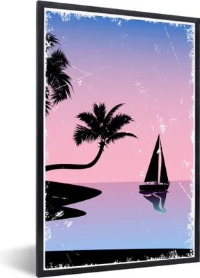 Produktbild von MuchoWow® MuchoWow® Gerahmtes Poster Boot - Palme - Nacht - Sommer 40x60 cm - Poster mit zchwarzem Bilderrahmen - Papierdruck - Wandbilder
