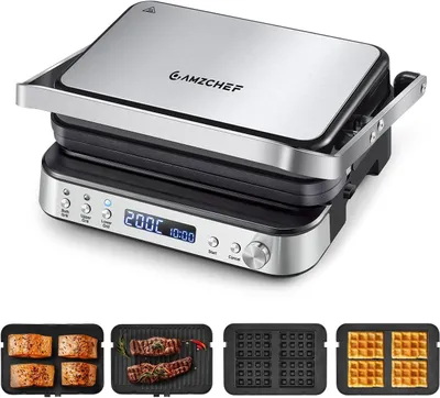 Immagine prodotto di Macchina 4-in-1 (griglia di contatto, piastra, piastra per waffle, sandwich maker), 2000 W, con 4 piastre removibili con rivestimento antiaderente, con timer e controllo della temperatura regolabili