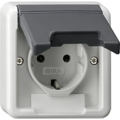 Produktbild von GIRA 445035 SCHUKO-Steckdose Klappdeckel+BSF (OT) WG AP IP44 Grau