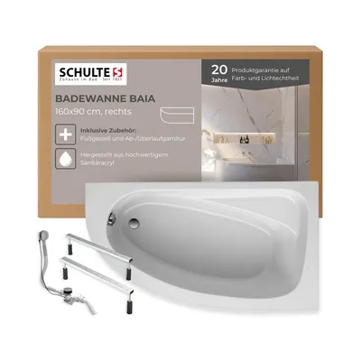 Produktbild von Schulte Badewanne Baia 160x90 cm Version rechts, Weiß Sanitäracryl, Komplettset inkl. Fußgestell und Ablauf-Überlauf-Garnitur, Raumsparbadewanne